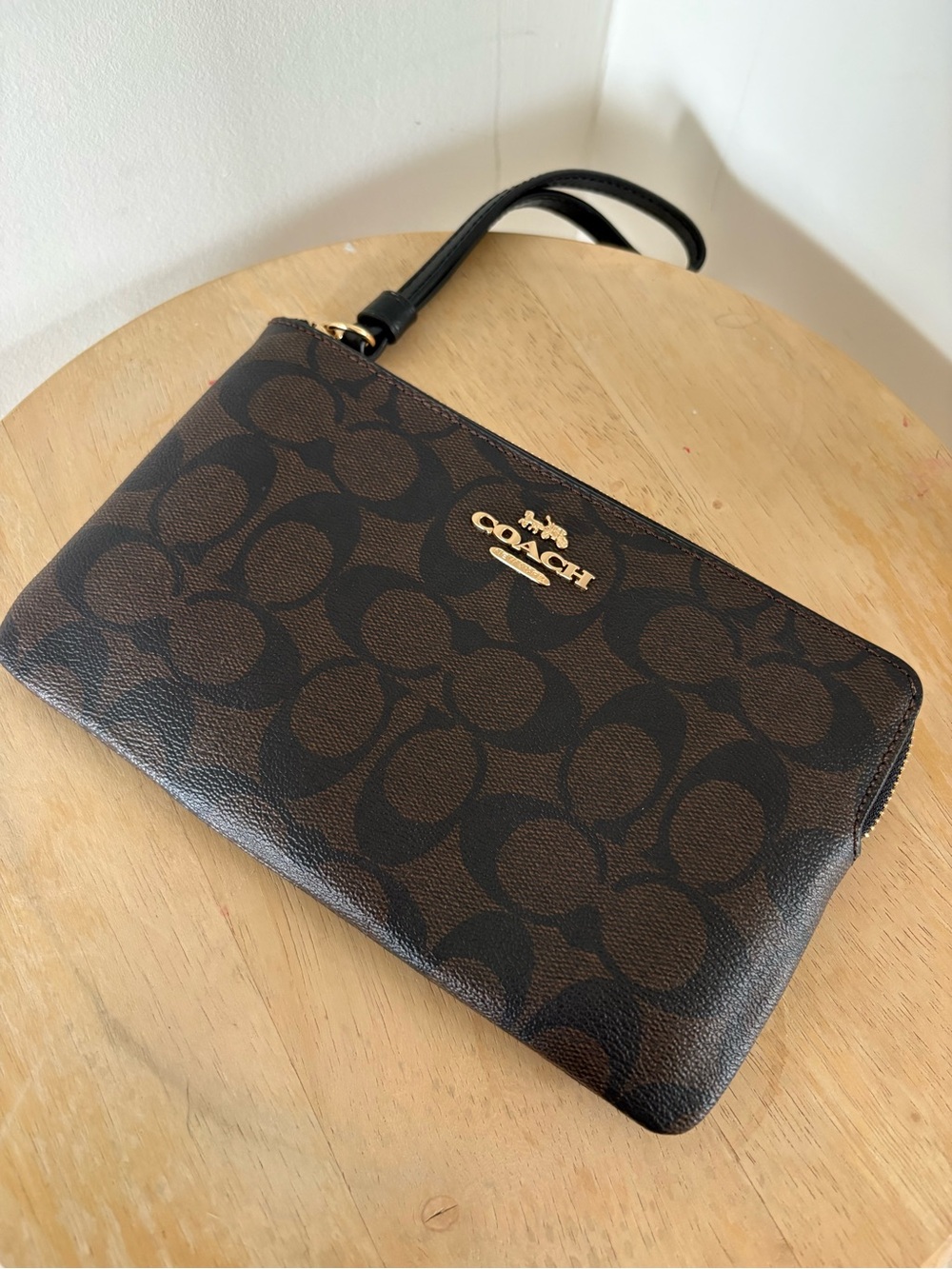 Coach Brown and Black Signature Zip Wristlet with Gold Logo